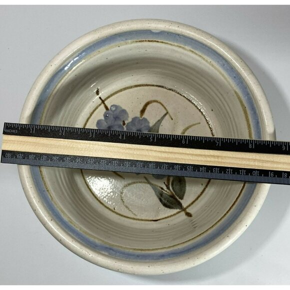 Artisan Signed Glazed Pottery Ivory Gray Serving Bowl w/ Handles Blue Flowers - Picture 5 of 10